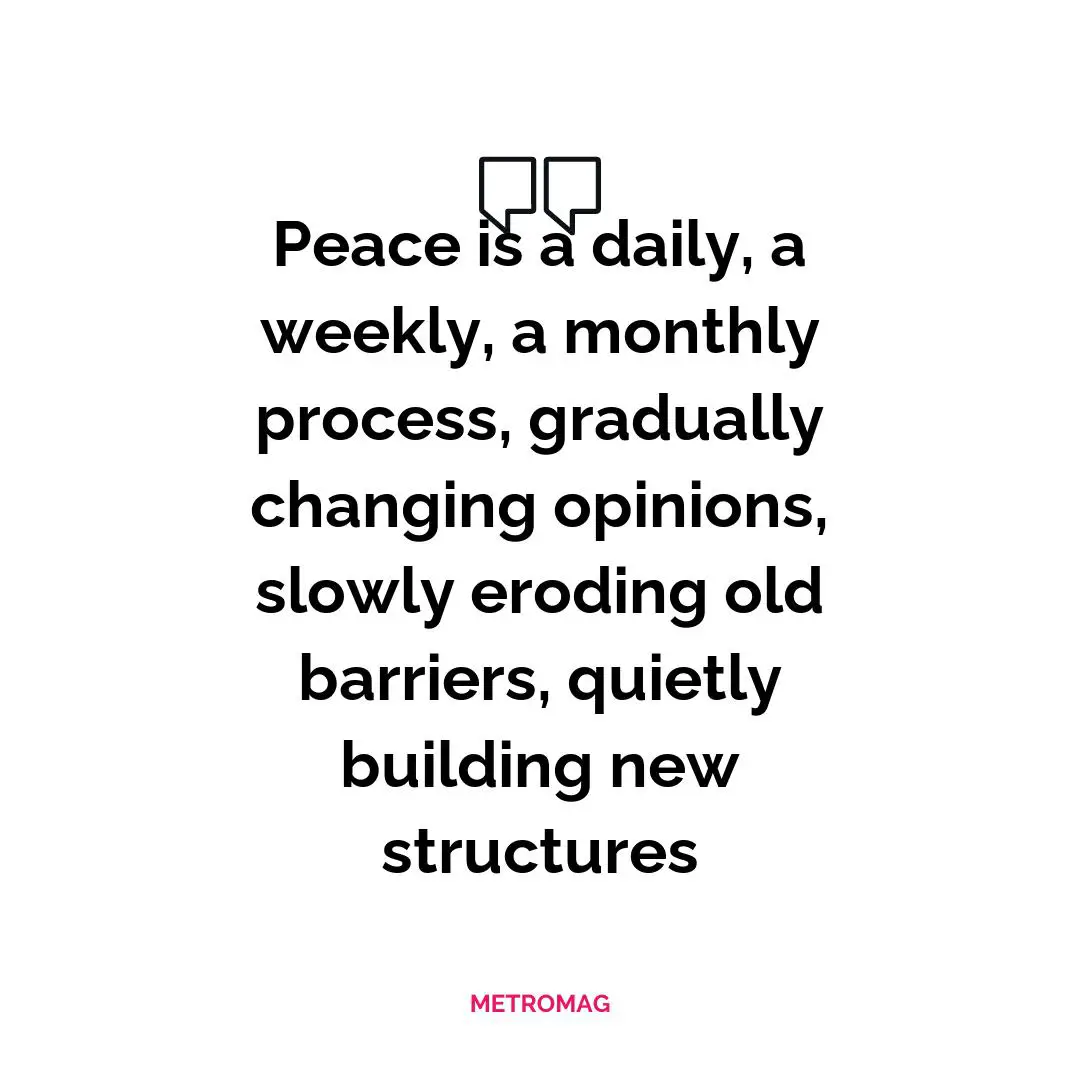 Peace is a daily, a weekly, a monthly process, gradually changing opinions, slowly eroding old barriers, quietly building new structures
