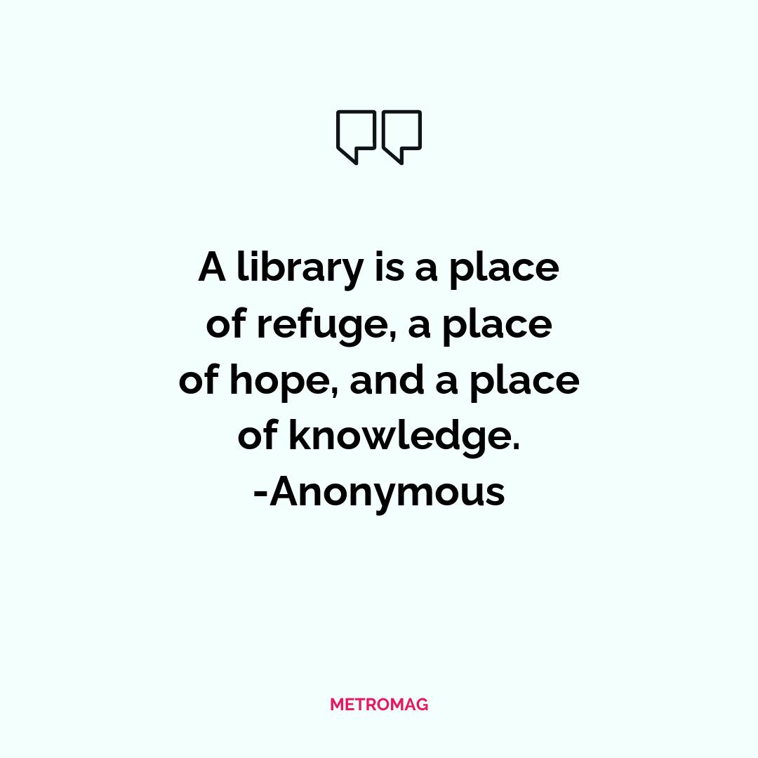 A library is a place of refuge, a place of hope, and a place of knowledge. -Anonymous