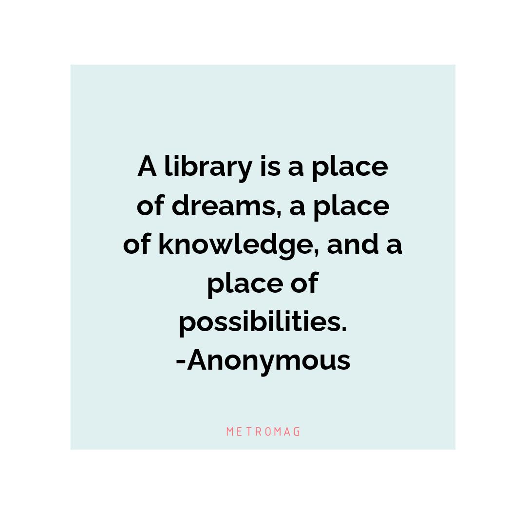 A library is a place of dreams, a place of knowledge, and a place of possibilities. -Anonymous