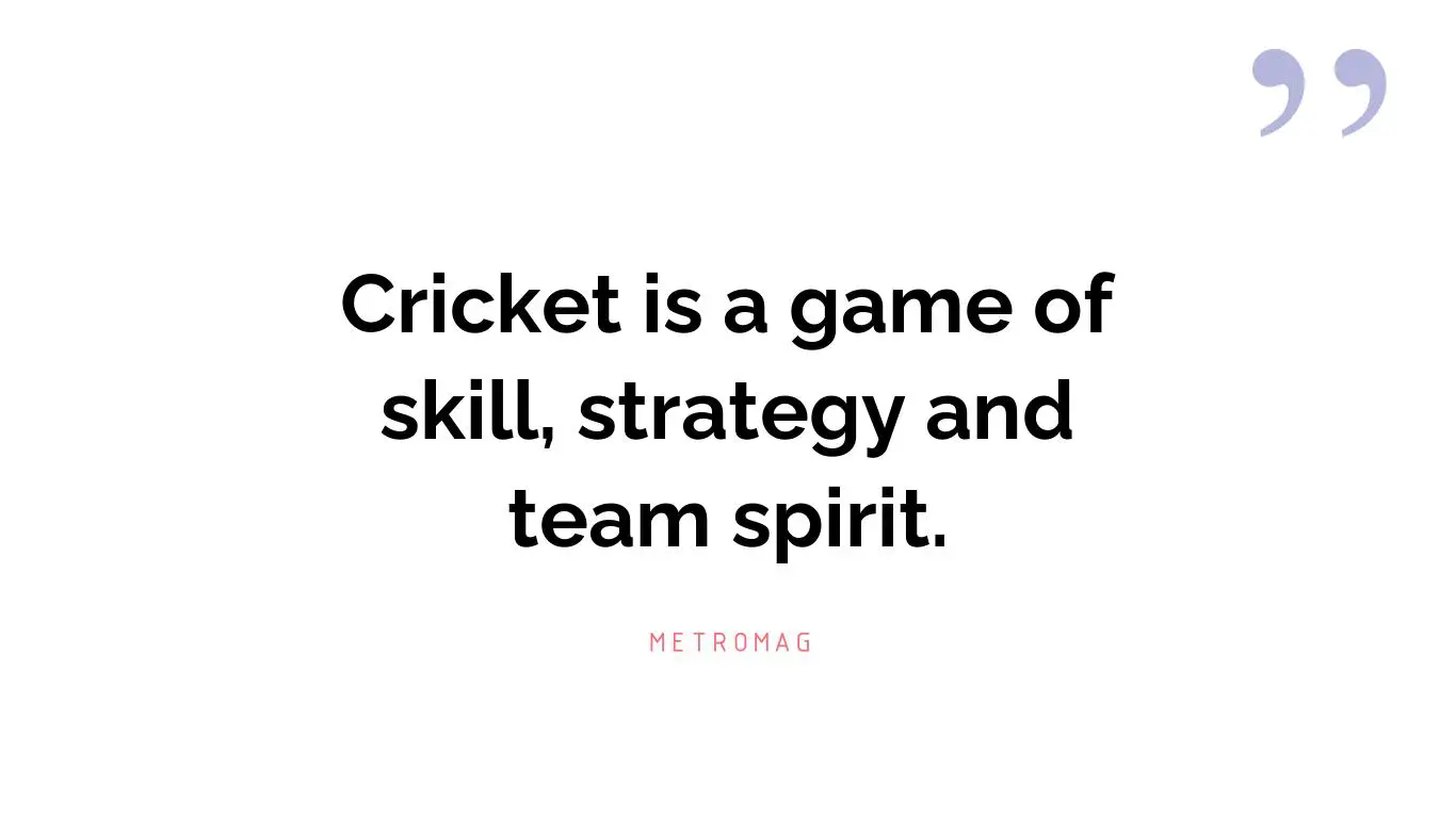 Cricket is a game of skill, strategy and team spirit.