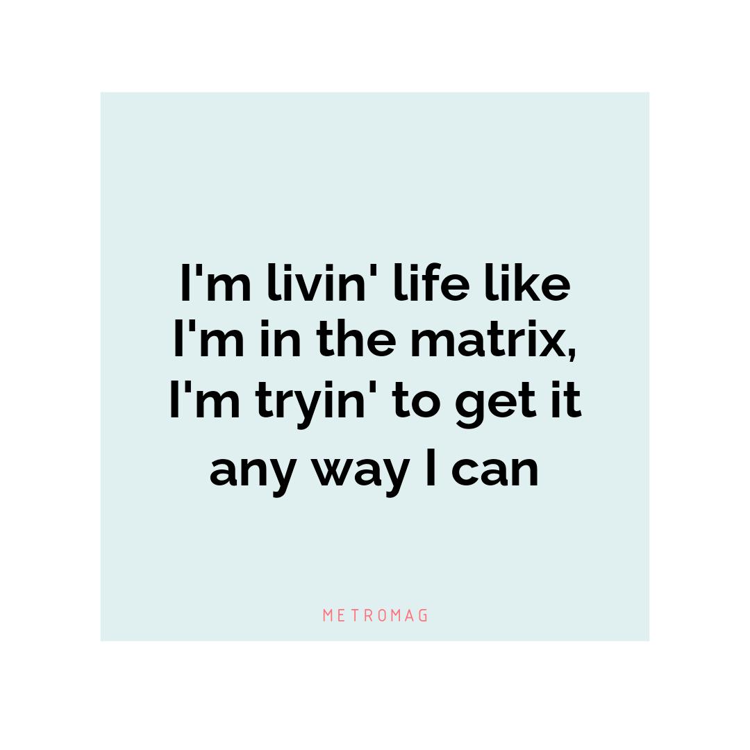 I'm livin' life like I'm in the matrix, I'm tryin' to get it any way I can