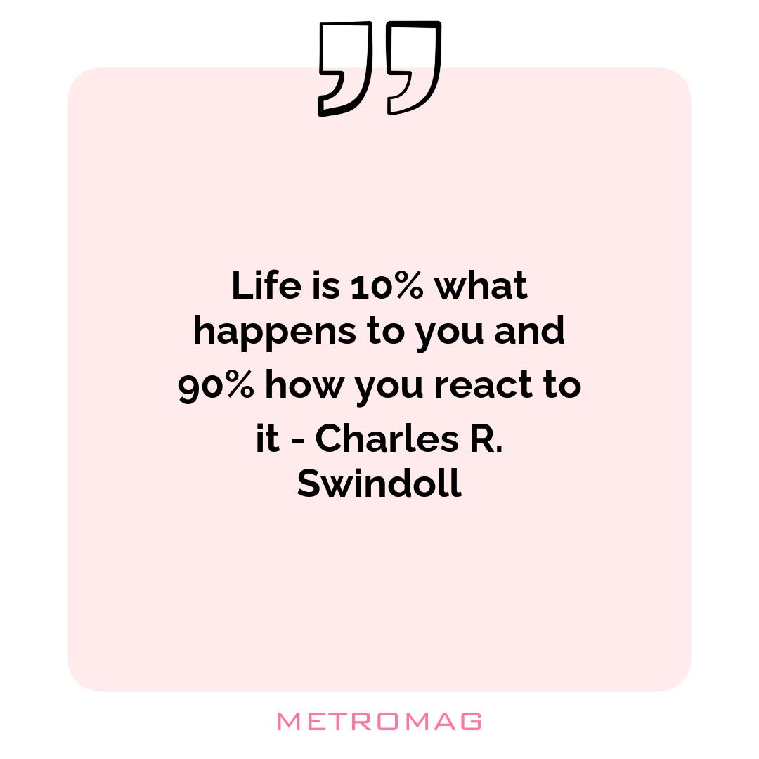 Life is 10% what happens to you and 90% how you react to it - Charles R. Swindoll