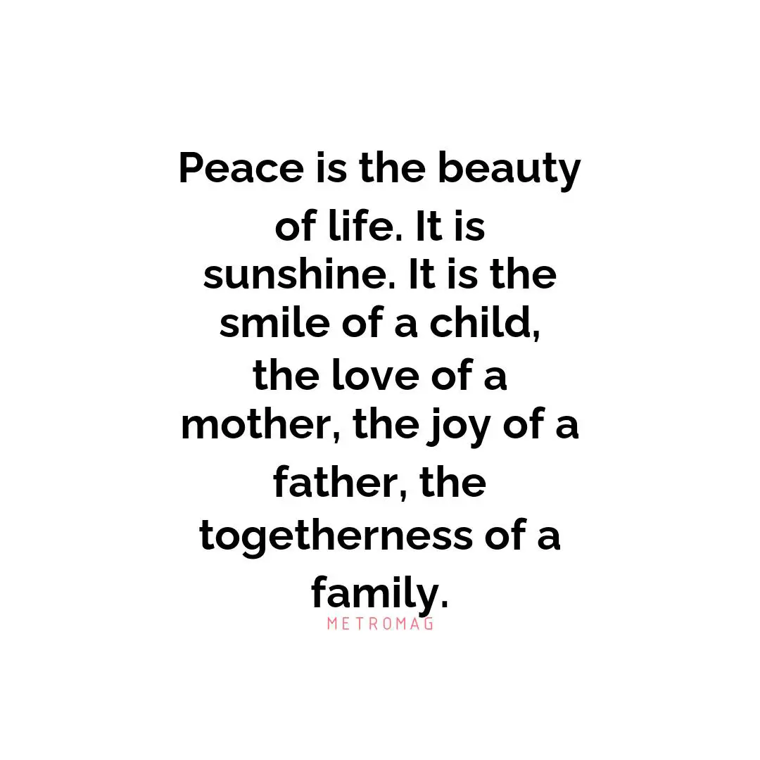Peace is the beauty of life. It is sunshine. It is the smile of a child, the love of a mother, the joy of a father, the togetherness of a family.