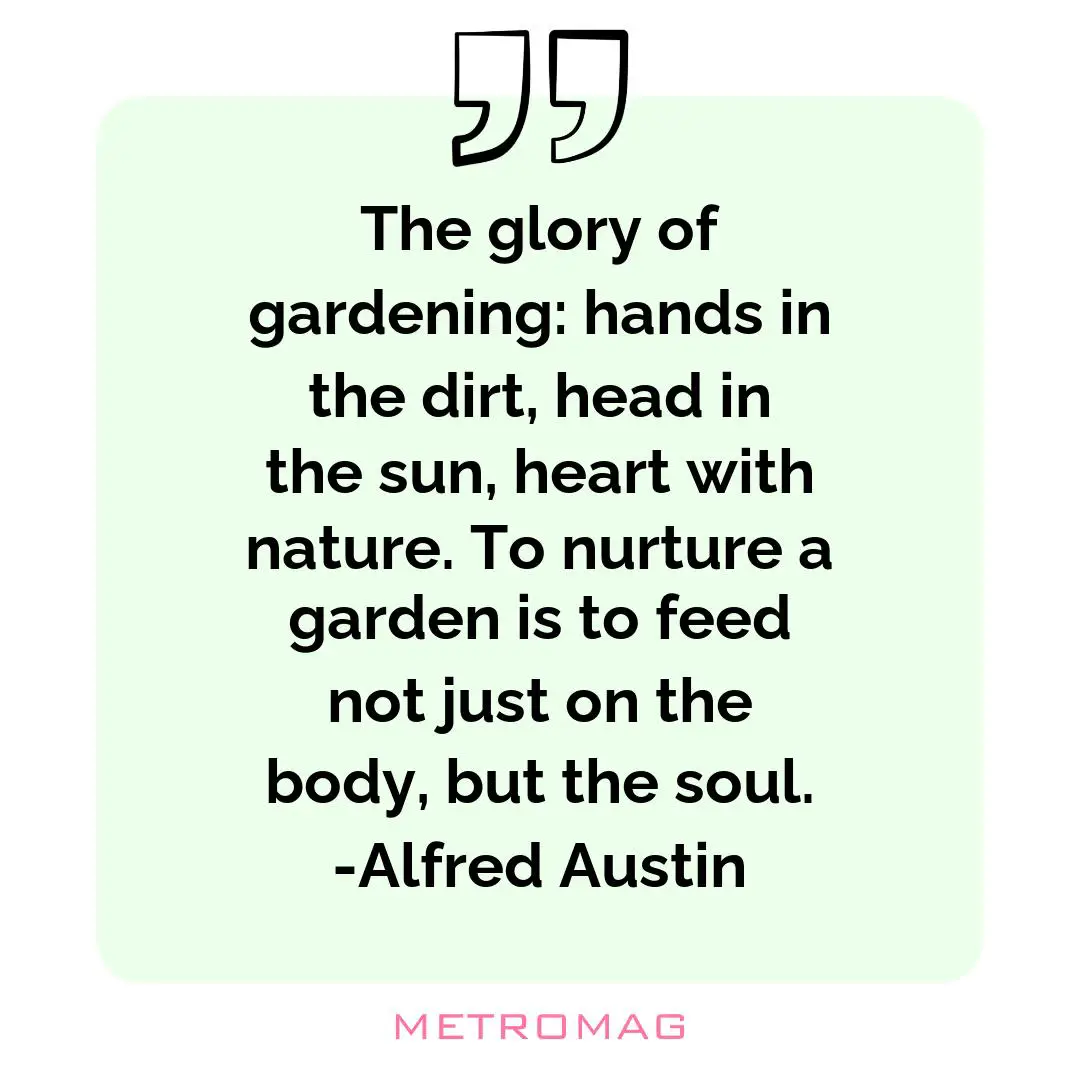 The glory of gardening: hands in the dirt, head in the sun, heart with nature. To nurture a garden is to feed not just on the body, but the soul. -Alfred Austin
