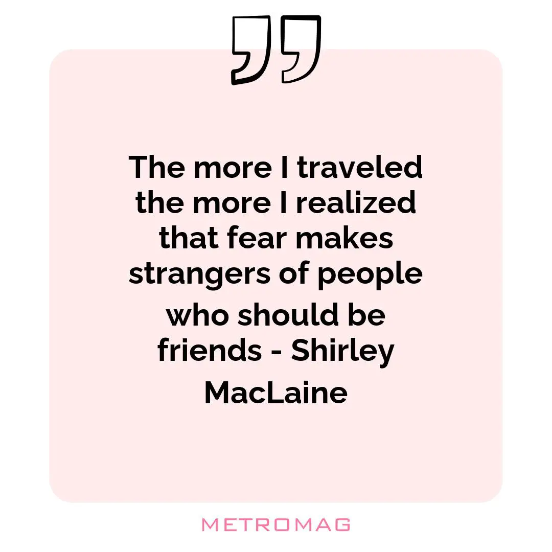 The more I traveled the more I realized that fear makes strangers of people who should be friends - Shirley MacLaine