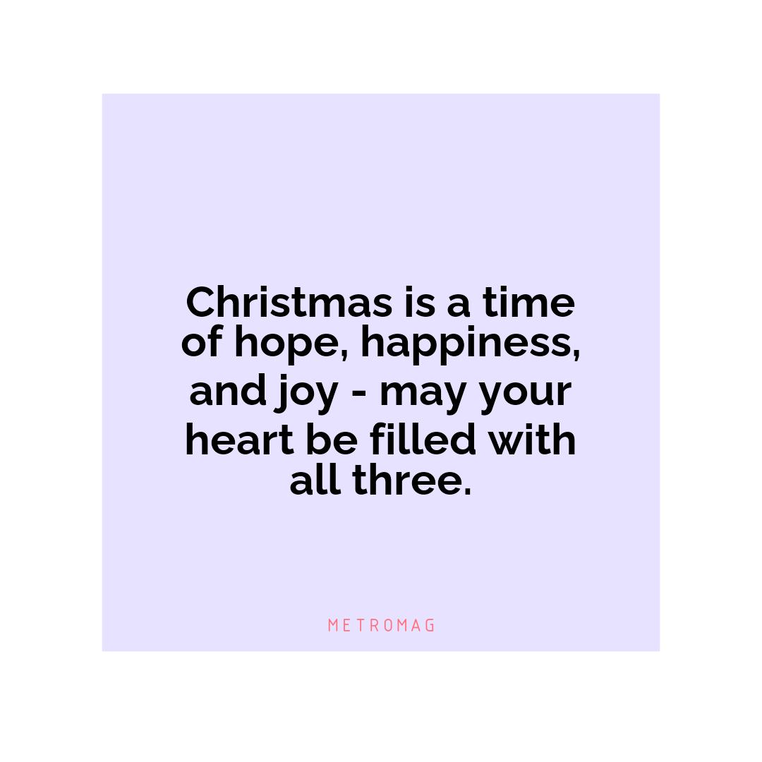 Christmas is a time of hope, happiness, and joy - may your heart be filled with all three.
