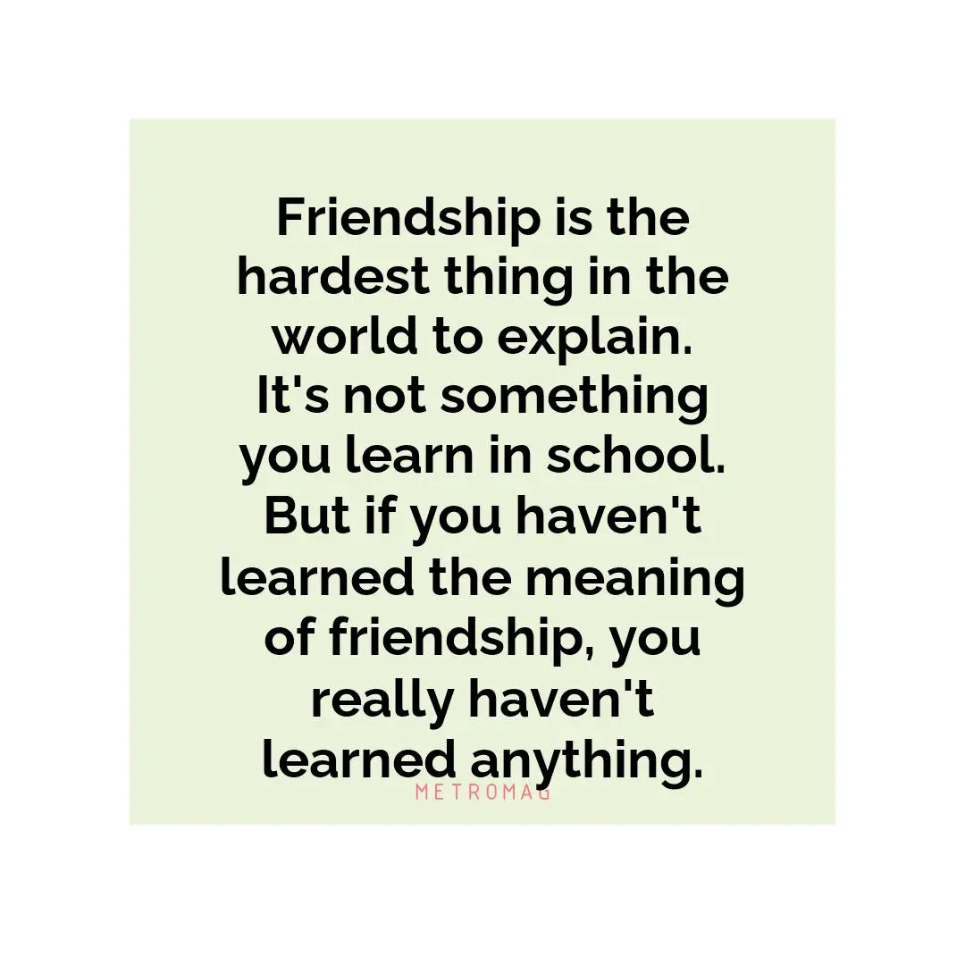 Friendship is the hardest thing in the world to explain. It's not something you learn in school. But if you haven't learned the meaning of friendship, you really haven't learned anything.