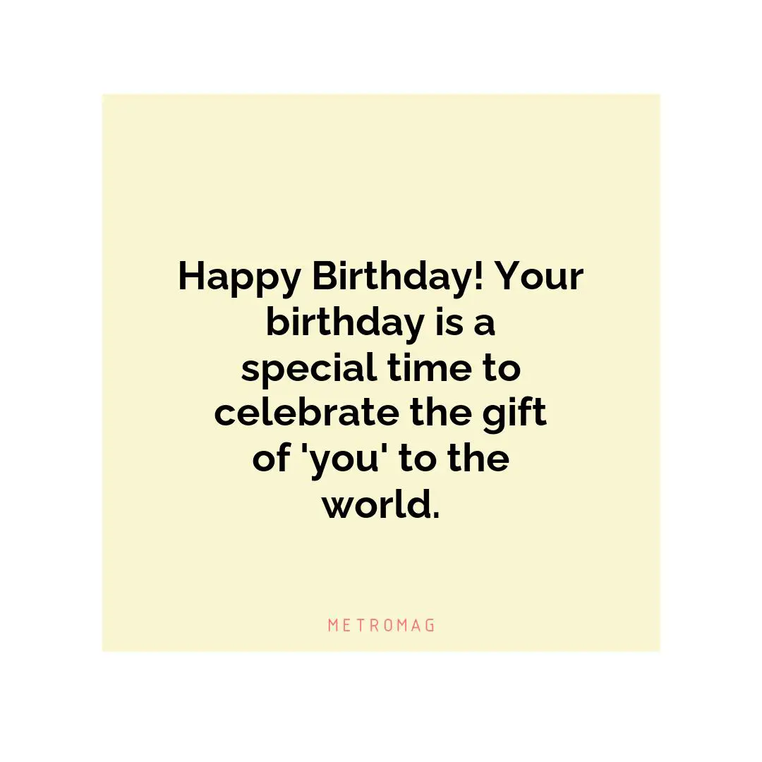 Happy Birthday! Your birthday is a special time to celebrate the gift of 'you' to the world.