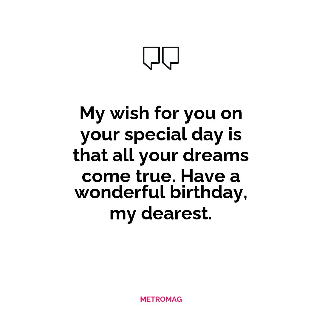 My wish for you on your special day is that all your dreams come true. Have a wonderful birthday, my dearest.