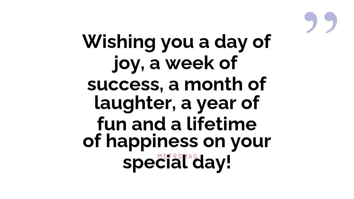 Wishing you a day of joy, a week of success, a month of laughter, a year of fun and a lifetime of happiness on your special day!