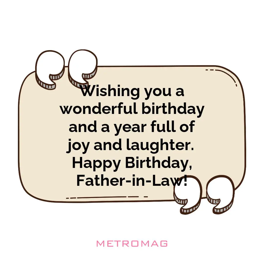 Wishing you a wonderful birthday and a year full of joy and laughter. Happy Birthday, Father-in-Law!