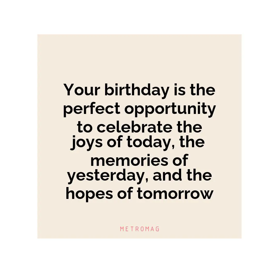 Your birthday is the perfect opportunity to celebrate the joys of today, the memories of yesterday, and the hopes of tomorrow