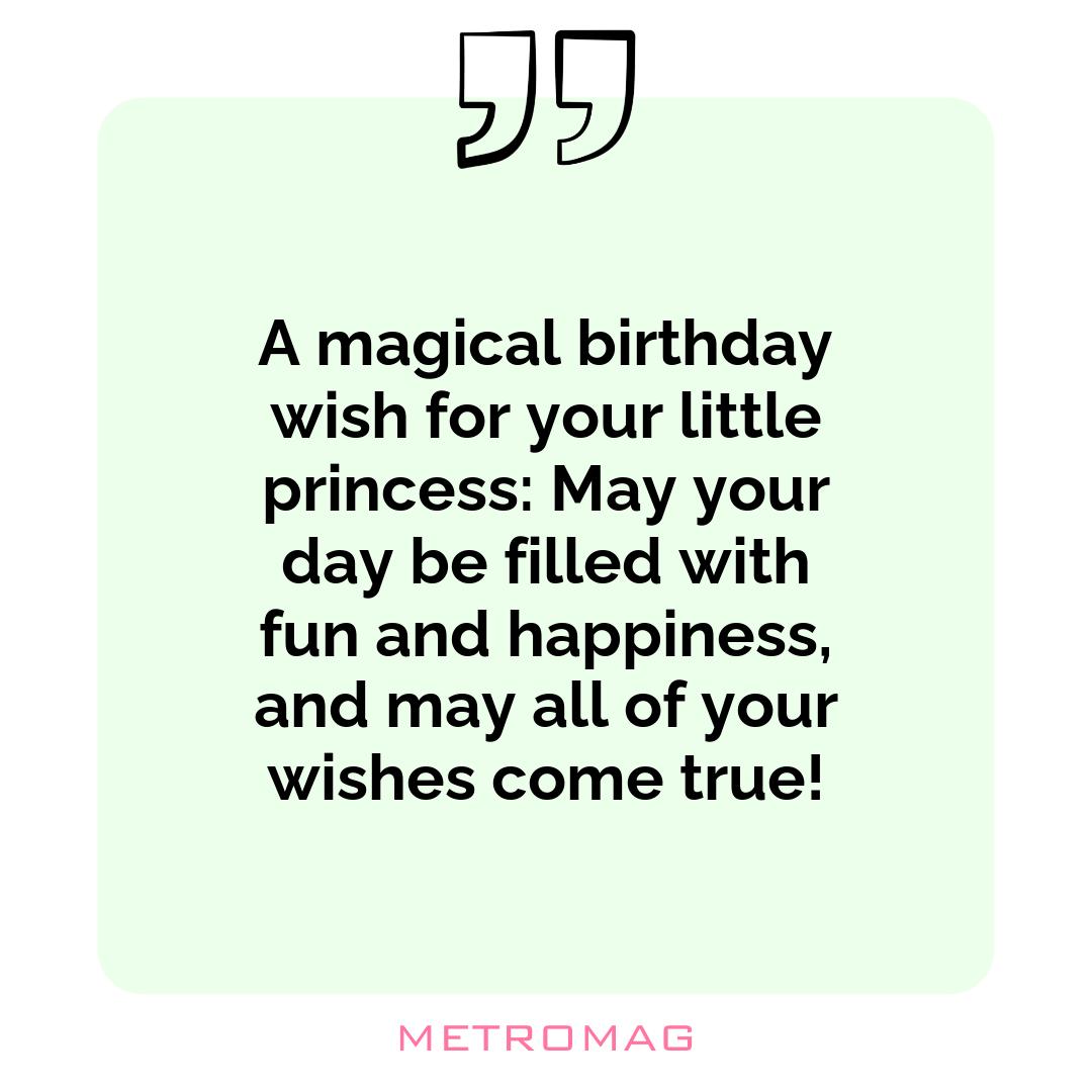 A magical birthday wish for your little princess: May your day be filled with fun and happiness, and may all of your wishes come true!