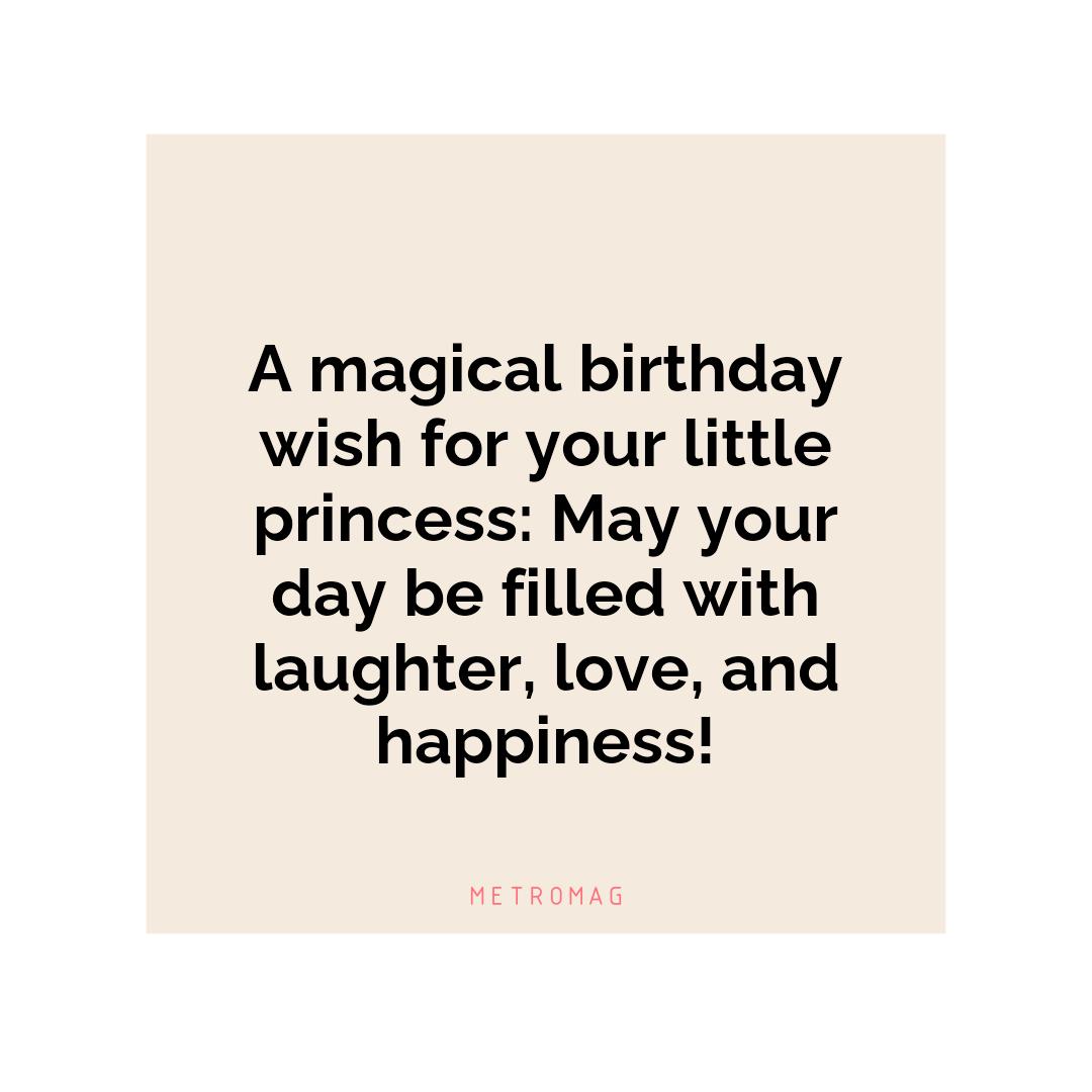 A magical birthday wish for your little princess: May your day be filled with laughter, love, and happiness!