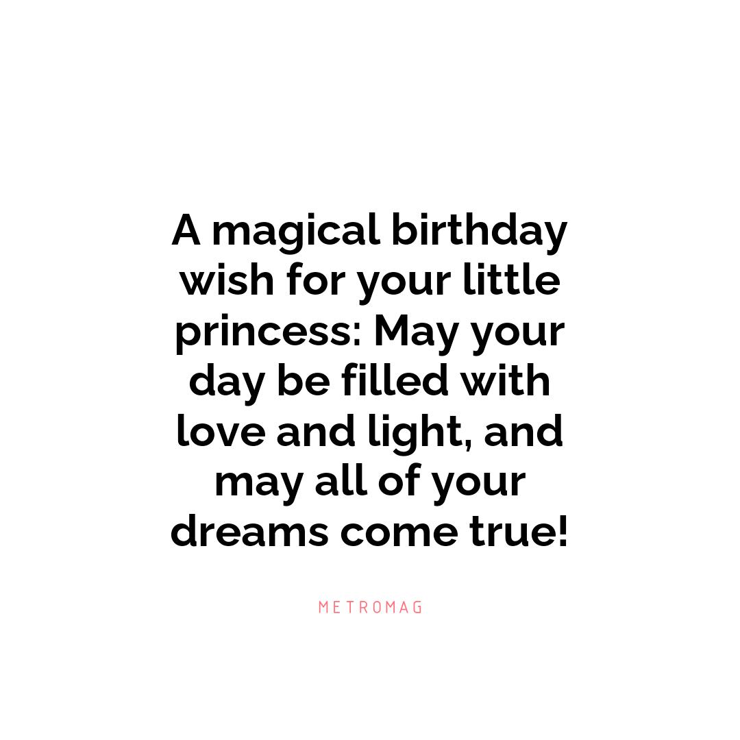 A magical birthday wish for your little princess: May your day be filled with love and light, and may all of your dreams come true!