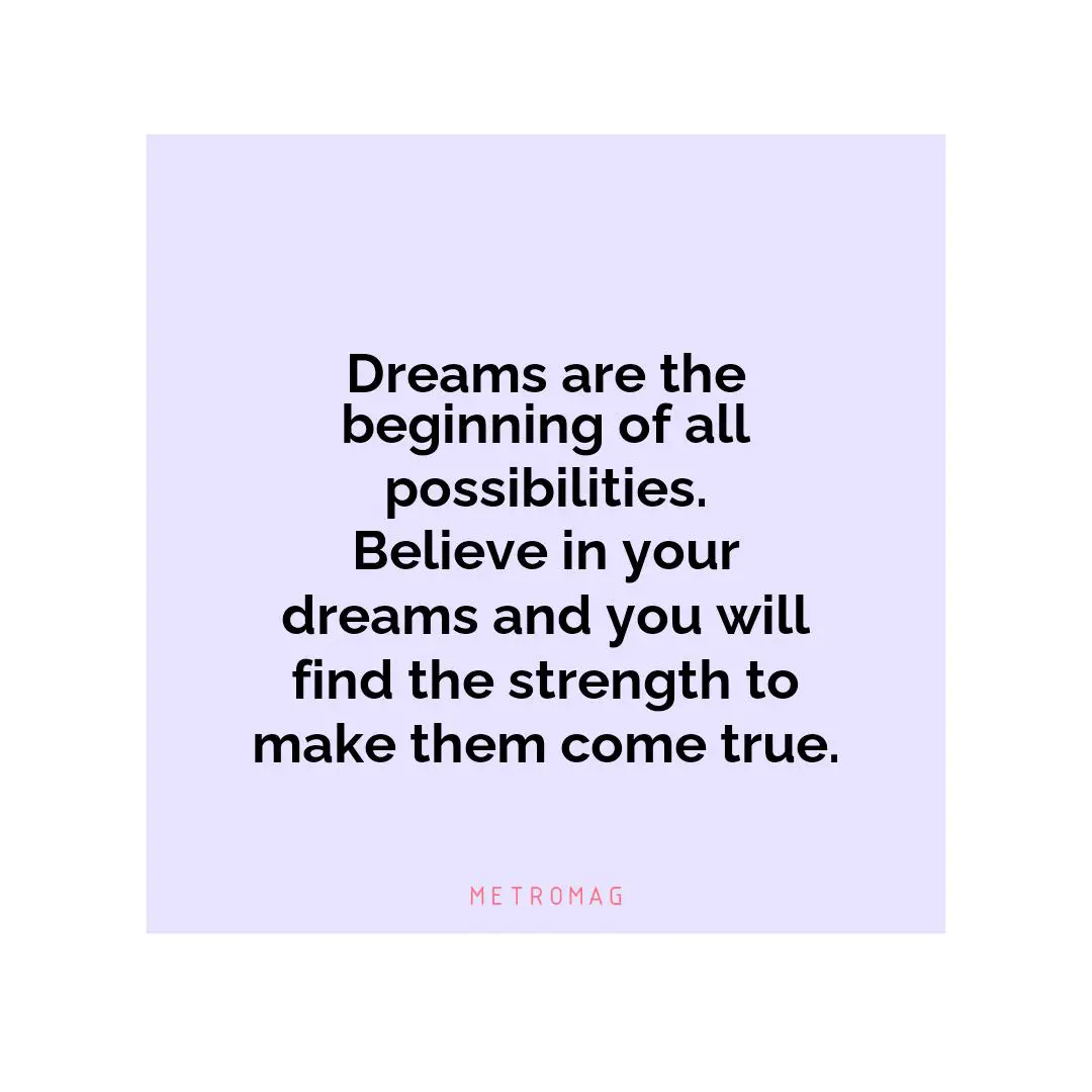 Dreams are the beginning of all possibilities. Believe in your dreams and you will find the strength to make them come true.