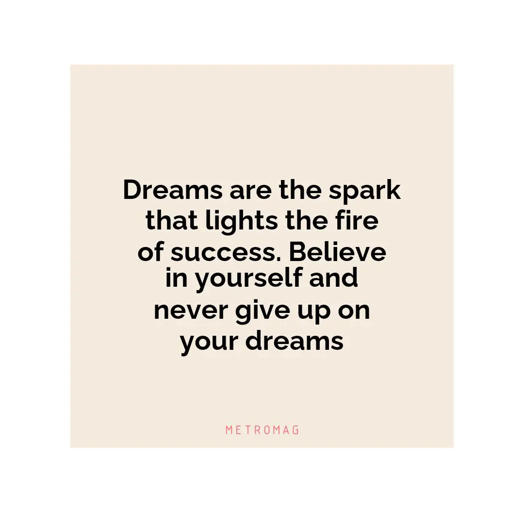Dreams are the spark that lights the fire of success. Believe in yourself and never give up on your dreams