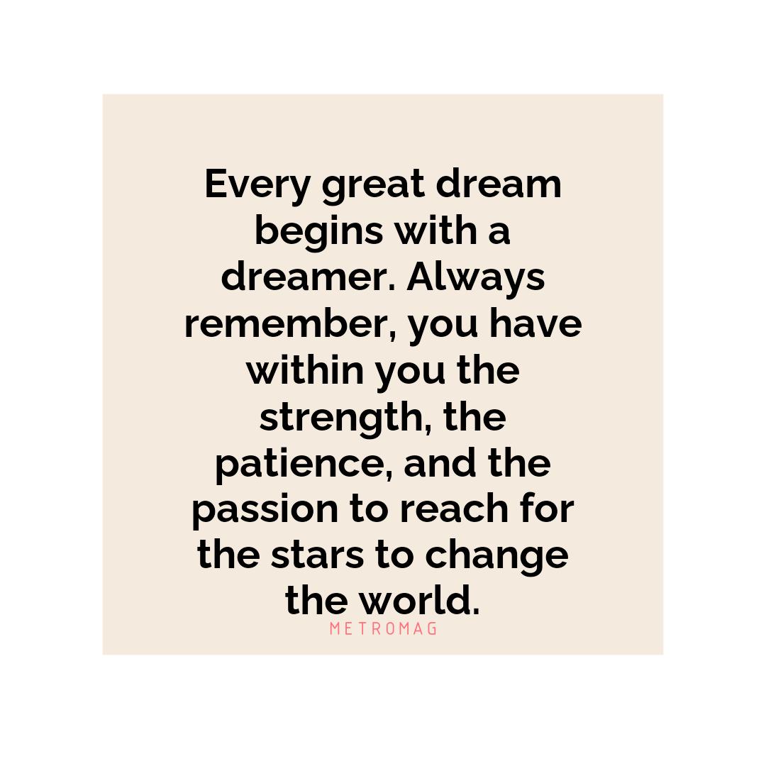 Every great dream begins with a dreamer. Always remember, you have within you the strength, the patience, and the passion to reach for the stars to change the world.