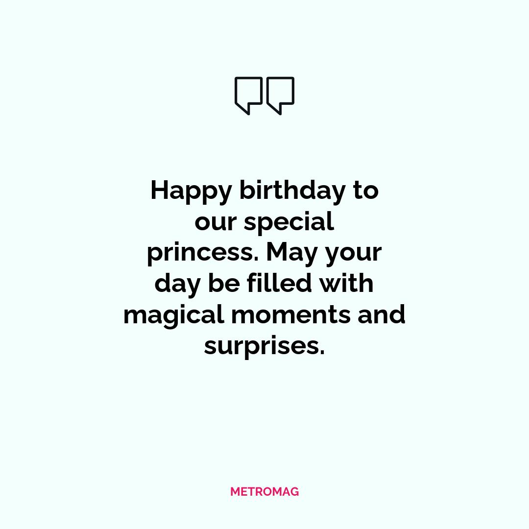 Happy birthday to our special princess. May your day be filled with magical moments and surprises.