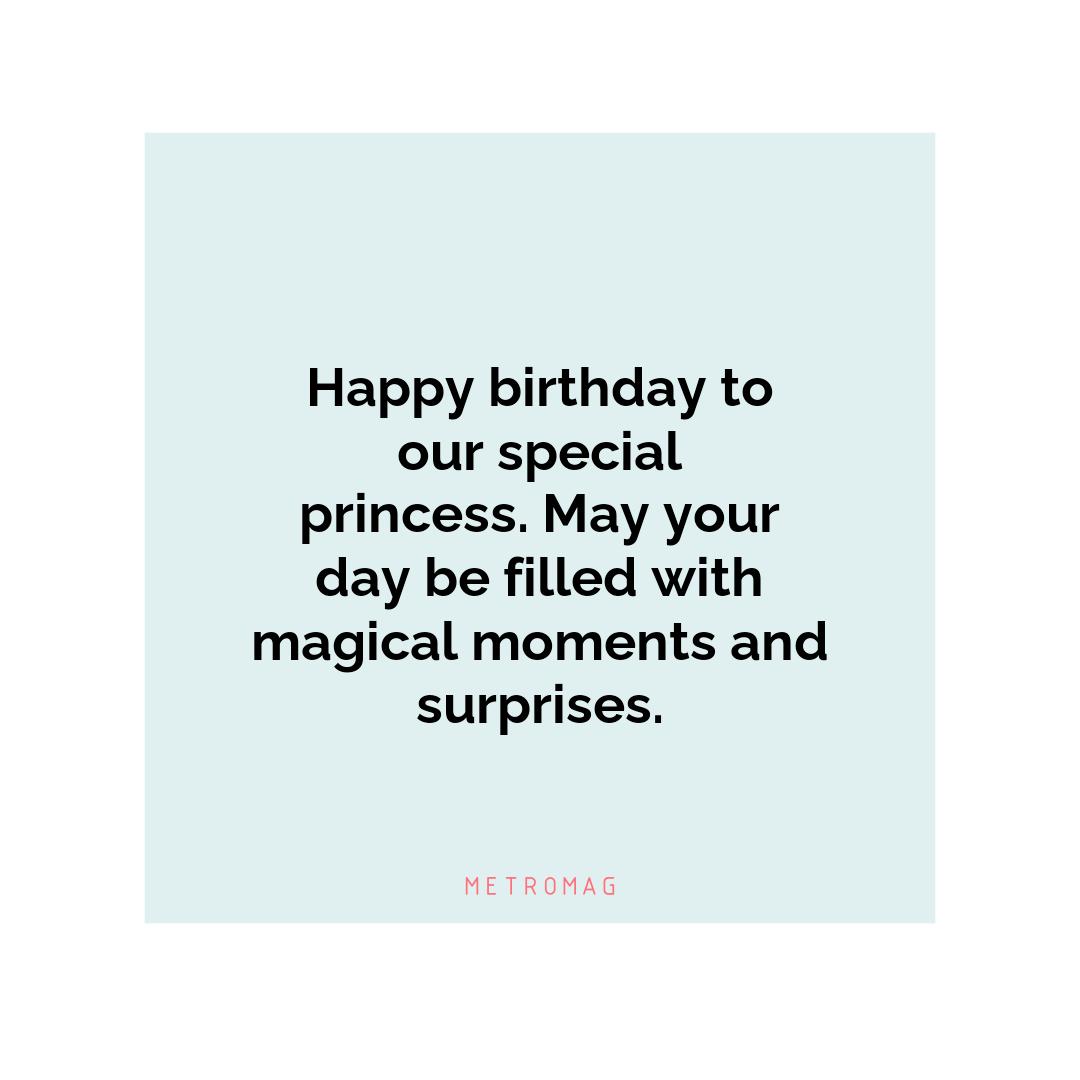 Happy birthday to our special princess. May your day be filled with magical moments and surprises.