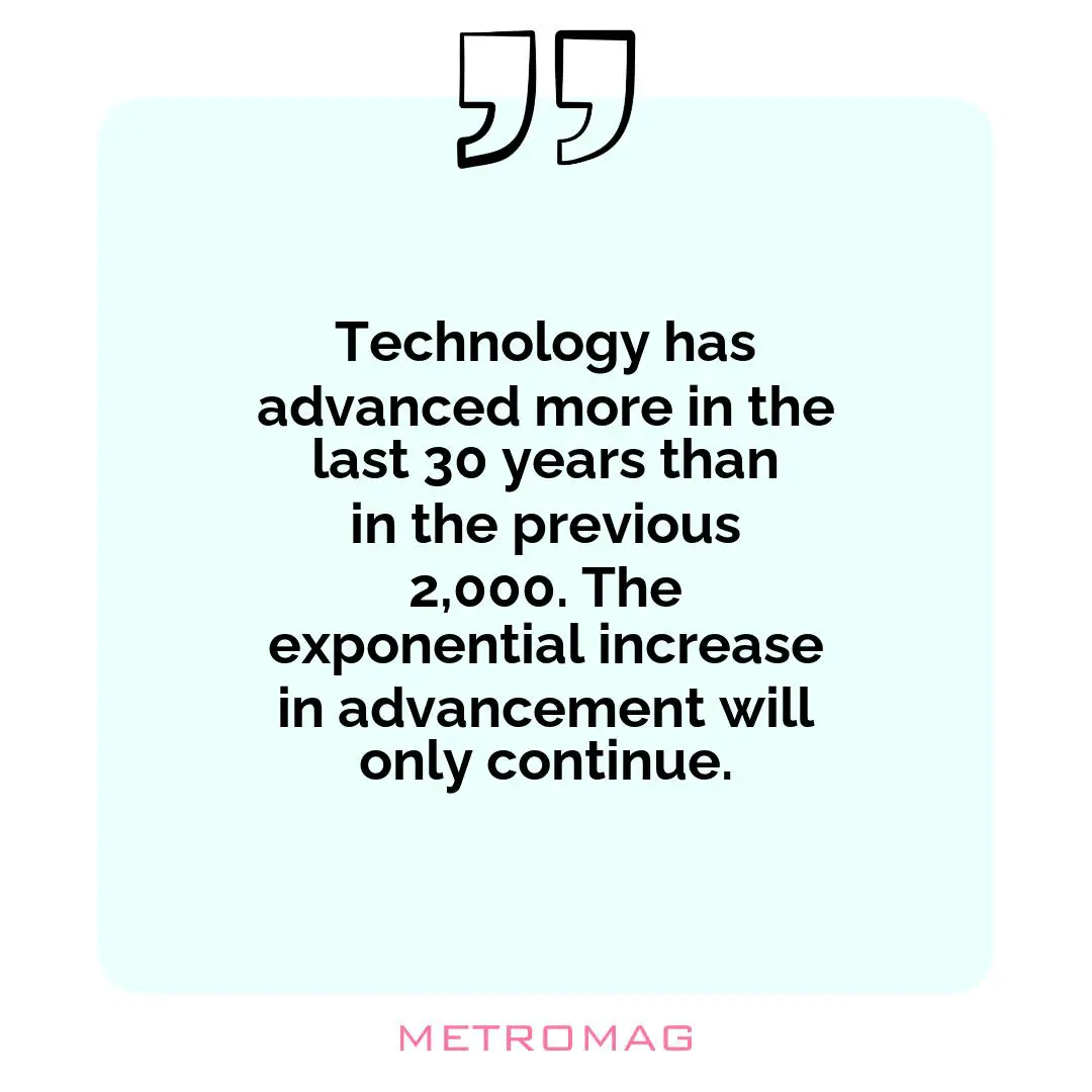 Technology has advanced more in the last 30 years than in the previous 2,000. The exponential increase in advancement will only continue.