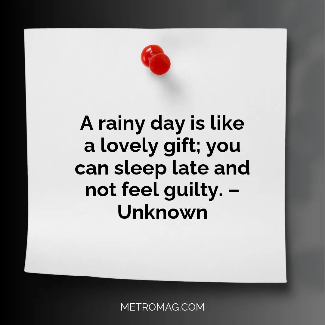 A rainy day is like a lovely gift; you can sleep late and not feel guilty. – Unknown