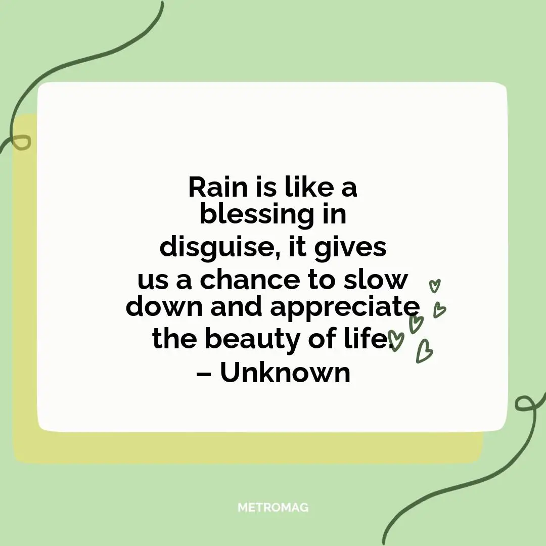 Rain is like a blessing in disguise, it gives us a chance to slow down and appreciate the beauty of life. – Unknown