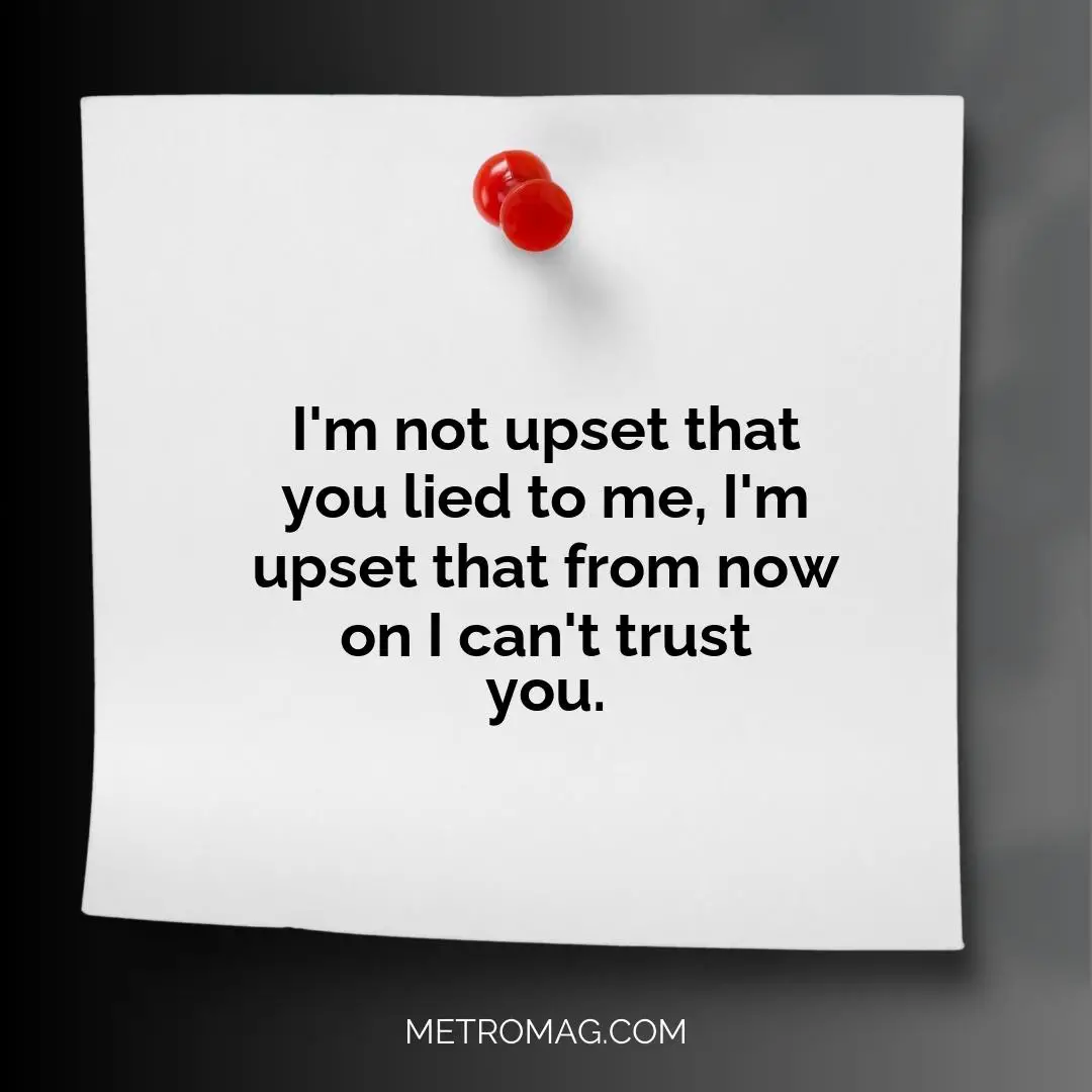 I'm not upset that you lied to me, I'm upset that from now on I can't trust you.