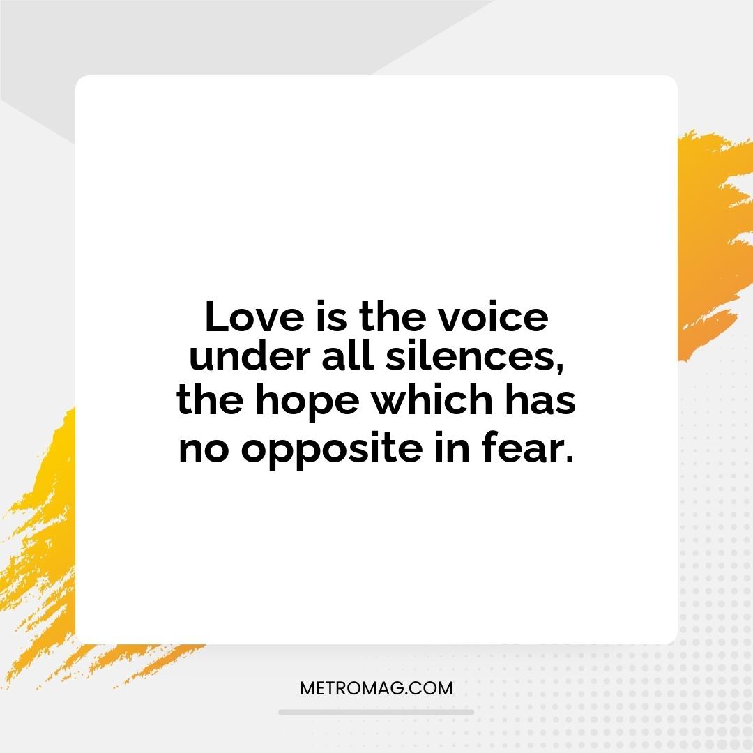 Love is the voice under all silences, the hope which has no opposite in fear.