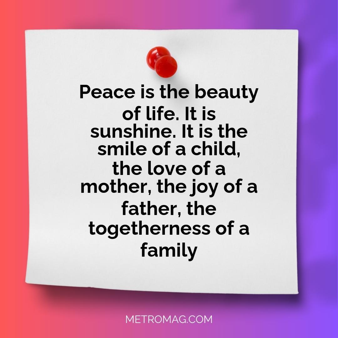 Peace is the beauty of life. It is sunshine. It is the smile of a child, the love of a mother, the joy of a father, the togetherness of a family
