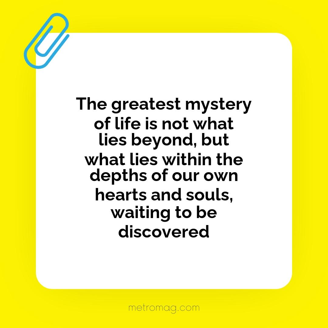 The greatest mystery of life is not what lies beyond, but what lies within the depths of our own hearts and souls, waiting to be discovered