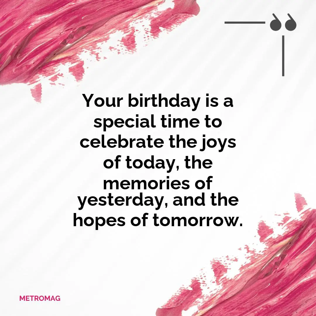 Your birthday is a special time to celebrate the joys of today, the memories of yesterday, and the hopes of tomorrow.