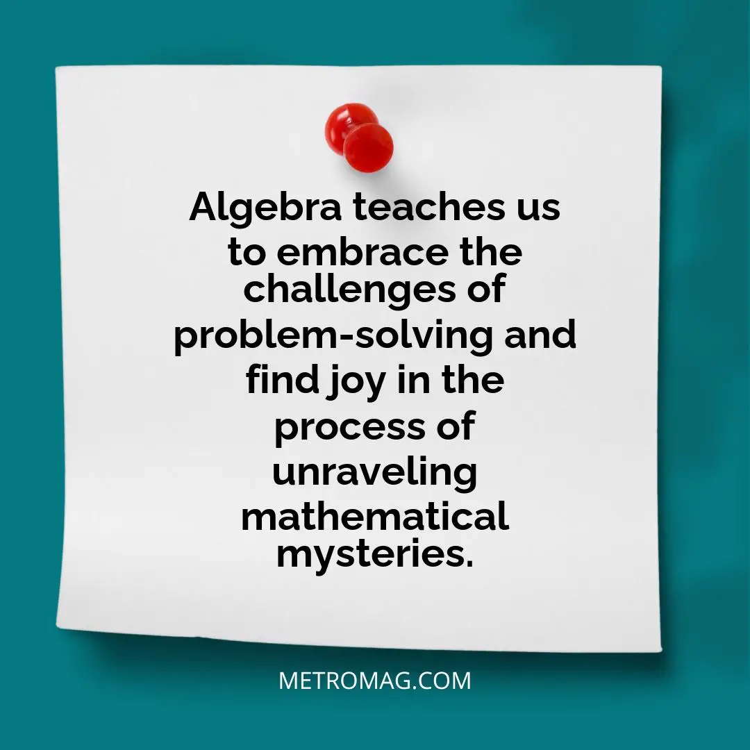 Algebra teaches us to embrace the challenges of problem-solving and find joy in the process of unraveling mathematical mysteries.