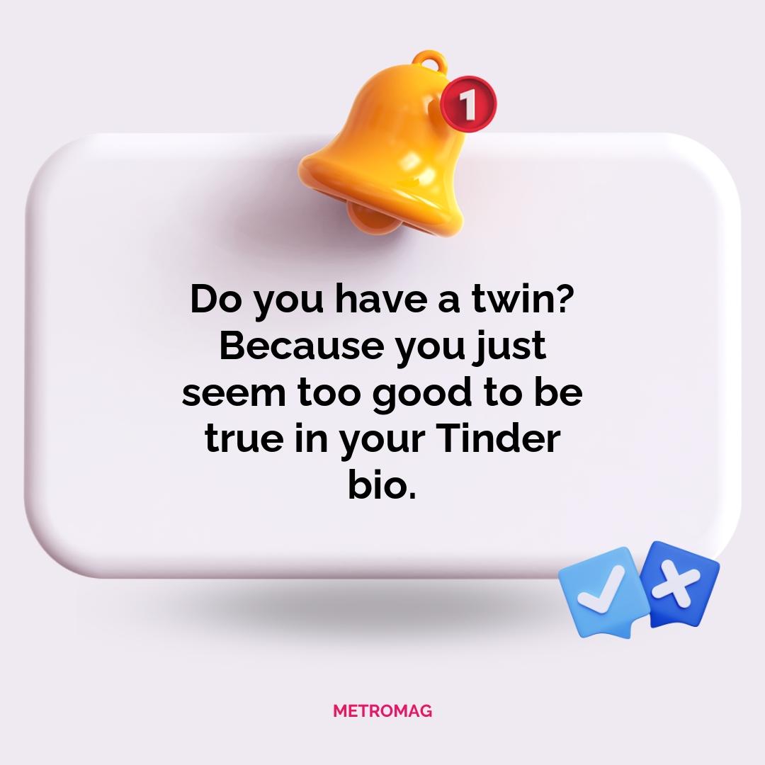 Do you have a twin? Because you just seem too good to be true in your Tinder bio.