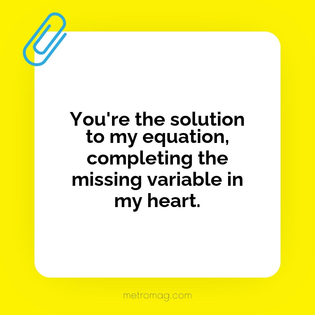 You're the solution to my equation, completing the missing variable in my heart.